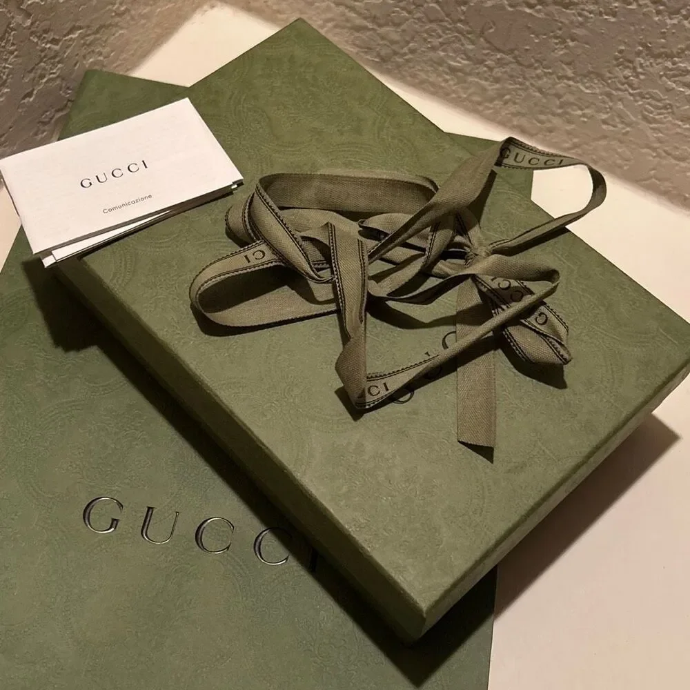 Gucci Shopping Bag Box & Ribbon Olive Green Gift Set Wrapping Small Size